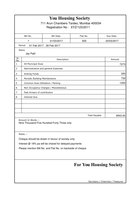 A4 format of Society Maintenance Billing